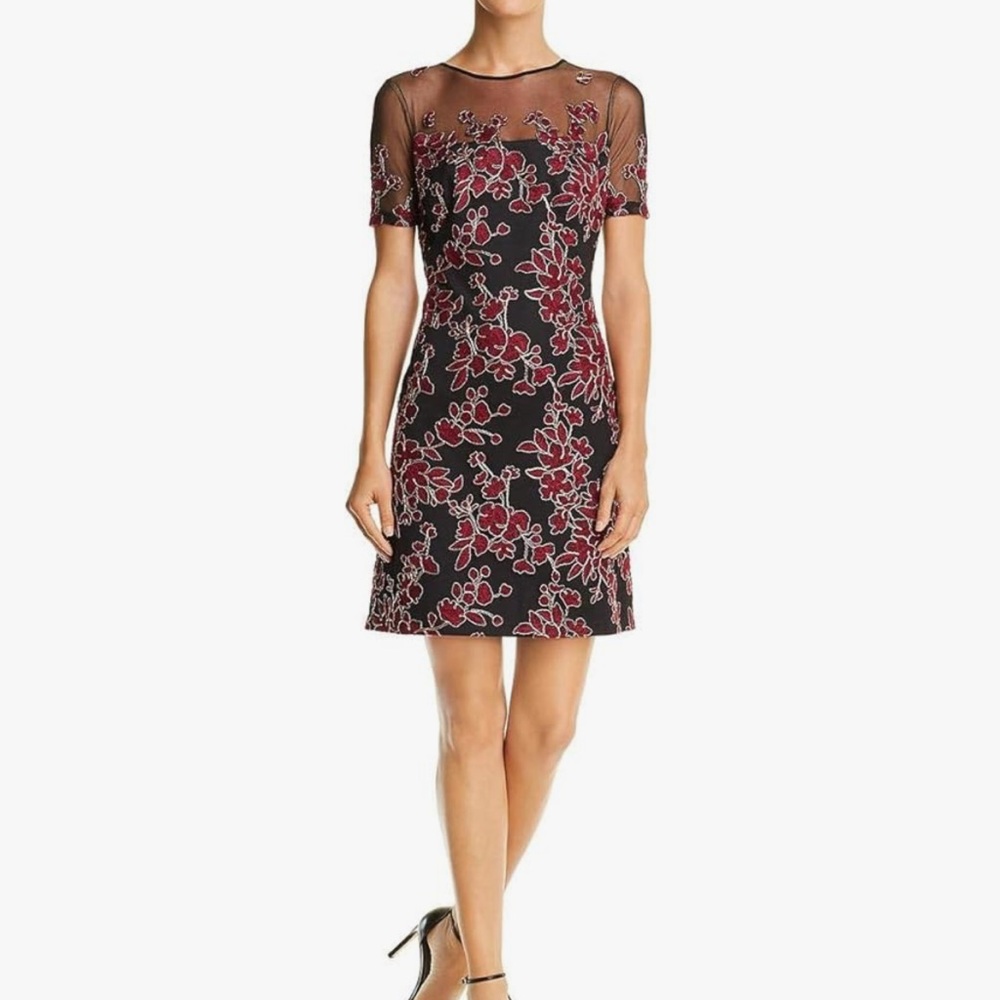 Tadashi Shoji embroidered lace/mesh cocktail dress, size 14 Black Sangria/ Black